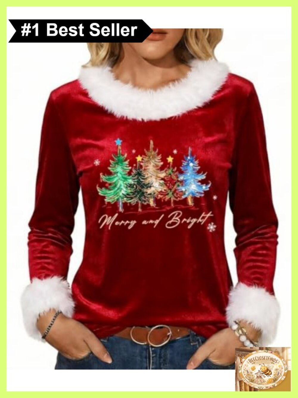 Women Christmas Faux Fur Trim Graphic Shirt Xmas Holiday Pullover Tee